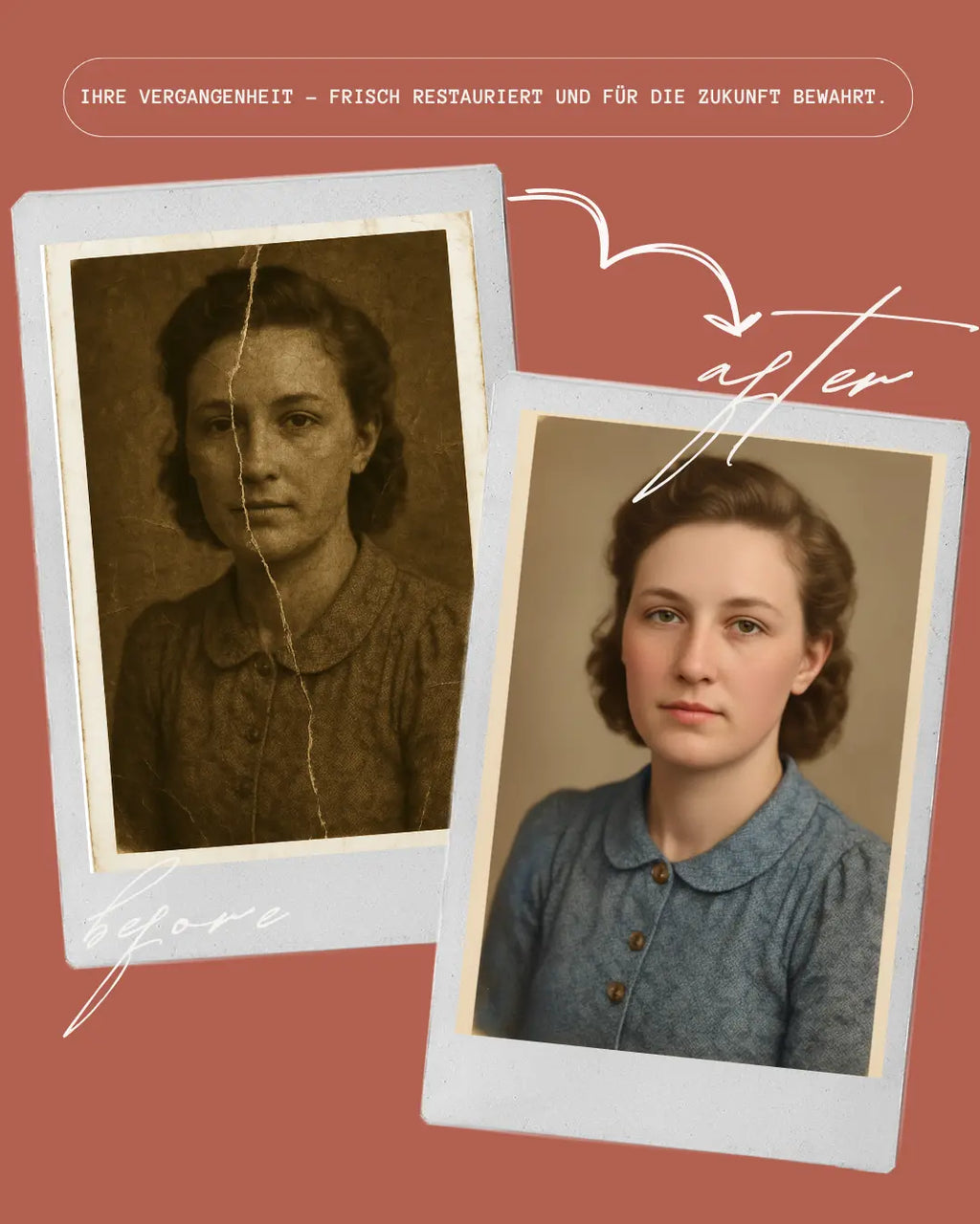 Vorher-Nachher: Stark beschädigtes altes Foto wird professionell restauriert – digitales Ergebnis per E-Mail erhalten