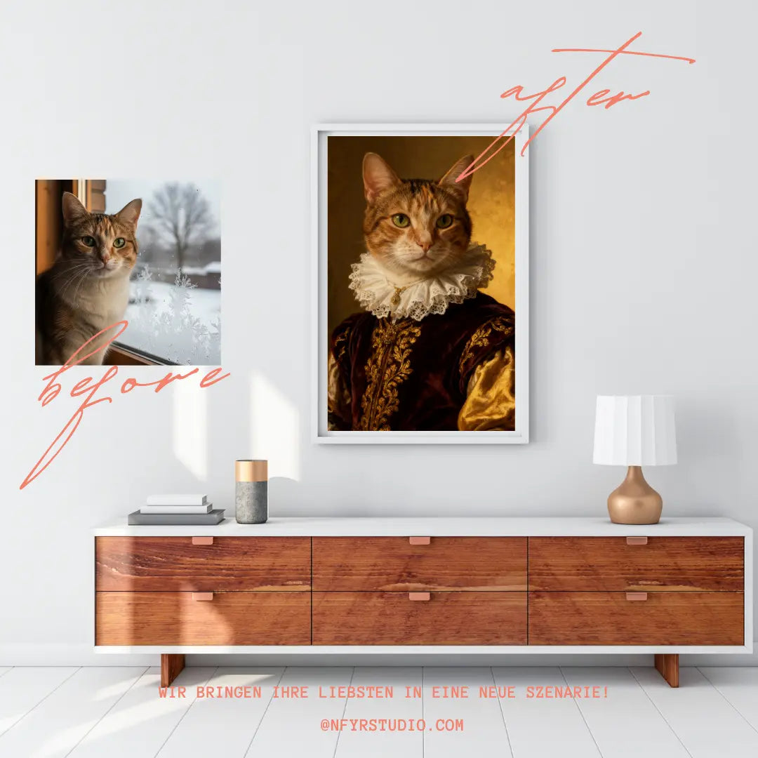 Katzenportrait im Barockstil – personalisierte Tierkunst, detailreich und rahmbar