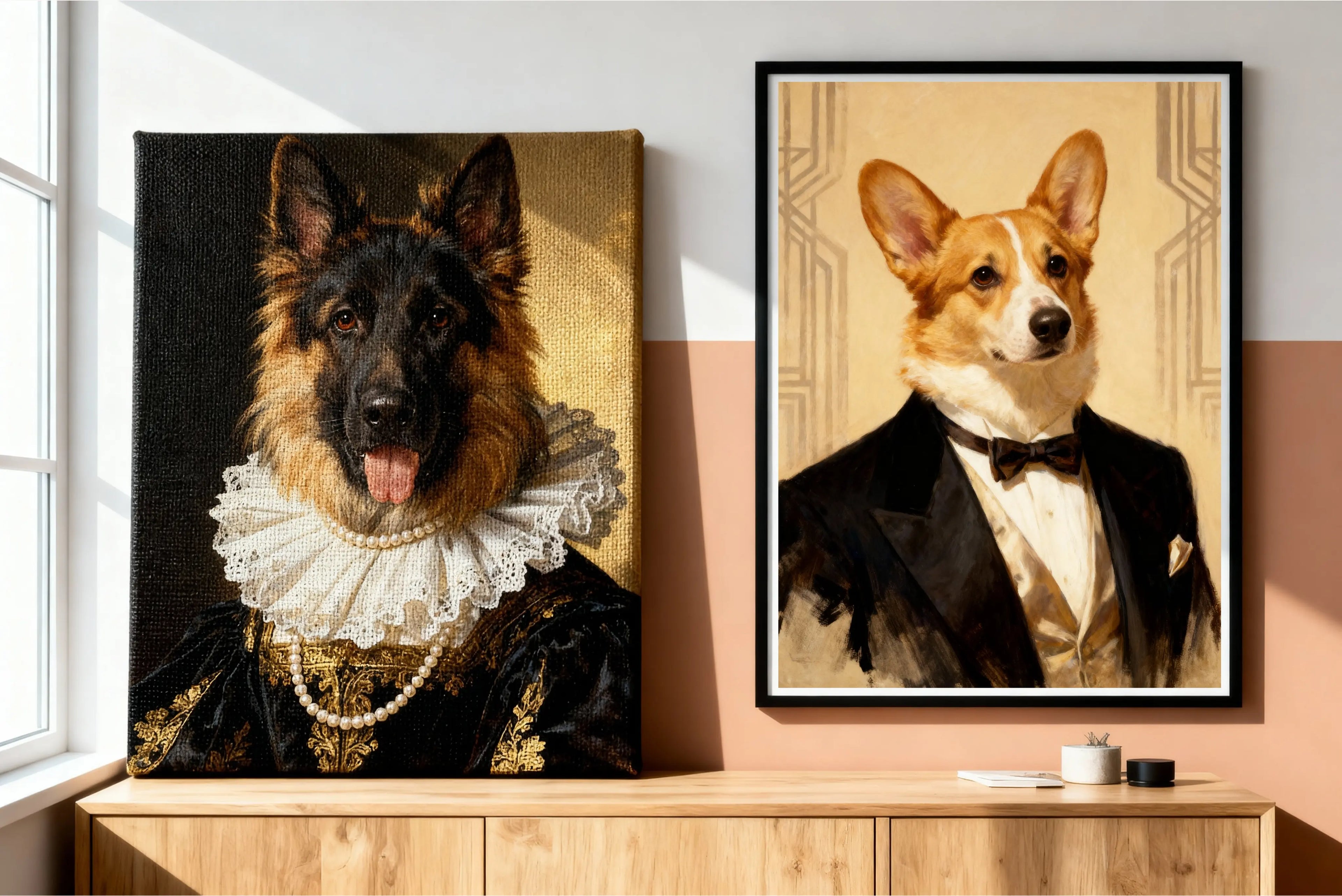 Premium Haustierkunst: Individuelles Portrait mit klassischer Kleidung und feiner Textur