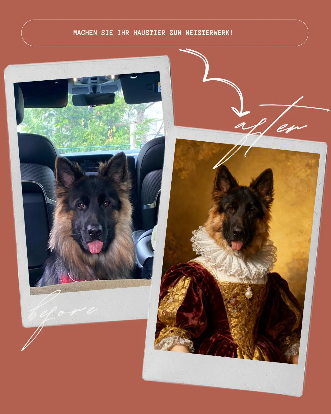 Vorher-Nachher Tierportrait im königlichen Barock-Stil